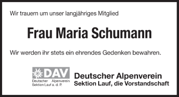Traueranzeige von Maria  Schumann von Pegnitz-Zeitung