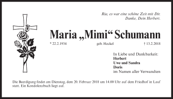 Traueranzeige von Maria  Schumann von Pegnitz-Zeitung