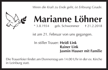 Traueranzeige von Marianne Löhner von Pegnitz-Zeitung