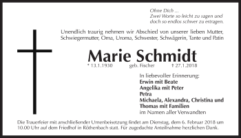 Traueranzeige von Marie Schmidt von Pegnitz-Zeitung