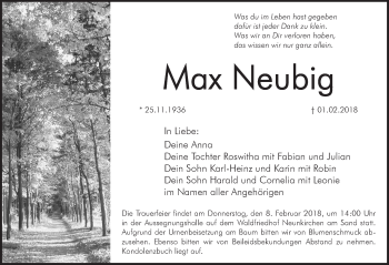 Traueranzeige von Max Neubig von Pegnitz-Zeitung