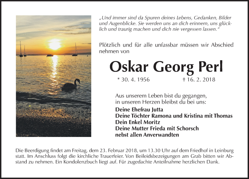  Traueranzeige für Oskar Perl vom 21.02.2018 aus Pegnitz-Zeitung