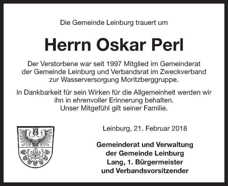  Traueranzeige für Oskar Perl vom 21.02.2018 aus Pegnitz-Zeitung