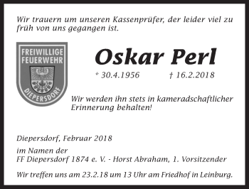 Traueranzeige von Oskar Perl von Pegnitz-Zeitung