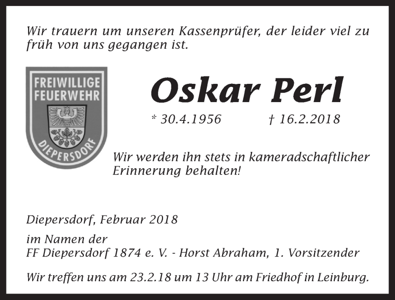  Traueranzeige für Oskar Perl vom 21.02.2018 aus Pegnitz-Zeitung