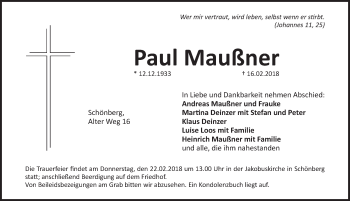 Traueranzeige von Paul Maußner von Pegnitz-Zeitung