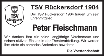 Traueranzeige von Peter Fleischmann von Pegnitz-Zeitung