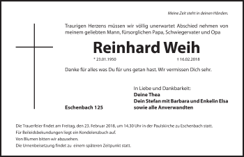 Traueranzeige von Reinhard Weih von Hersbrucker Zeitung