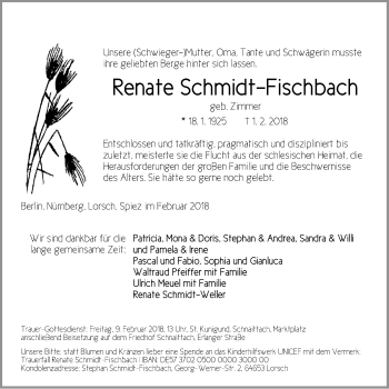 Traueranzeige von Renate Schmidt-Fischbach von Pegnitz-Zeitung