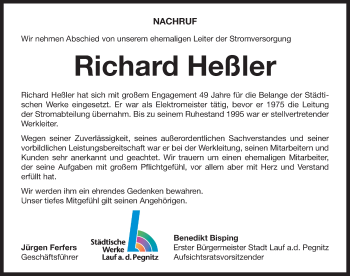 Traueranzeige von Richard Heßler von Pegnitz-Zeitung