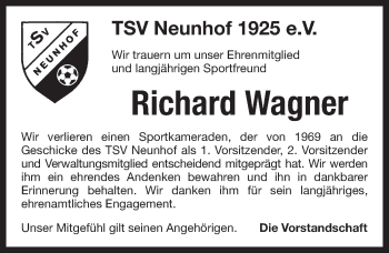 Traueranzeige von Richard Wagner von Pegnitz-Zeitung