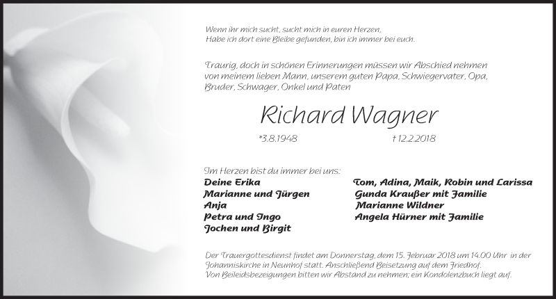  Traueranzeige für Richard Wagner vom 14.02.2018 aus Pegnitz-Zeitung