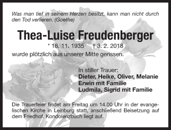 Traueranzeige von Thea-Luise Freudenberger von Pegnitz-Zeitung