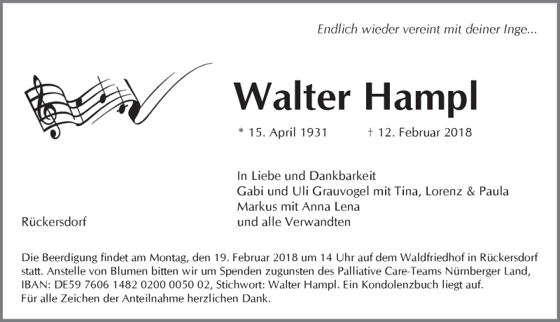  Traueranzeige für Walter Hampl vom 14.02.2018 aus Pegnitz-Zeitung