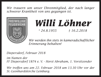 Traueranzeige von Willi Löhner von Pegnitz-Zeitung