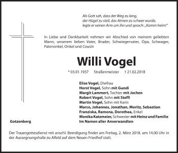 Traueranzeige von Willi Vogel von Hersbrucker Zeitung