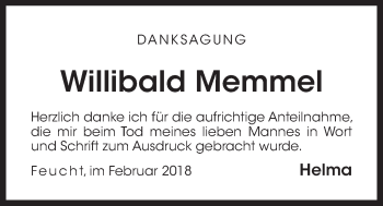 Traueranzeige von Willibald Memmel von Der Bote