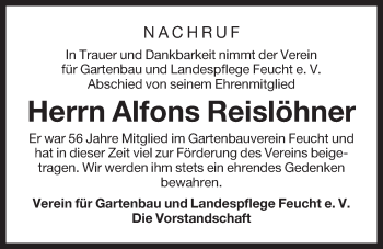 Traueranzeige von Alfons Reislöhner von Der Bote
