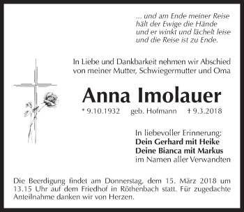 Traueranzeige von Anna Imolauer von Pegnitz-Zeitung