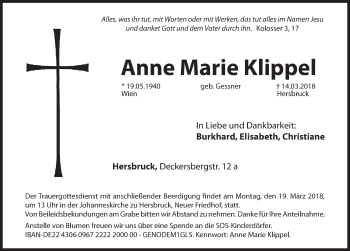 Traueranzeige von Anne Marie Klippel von Hersbrucker Zeitung