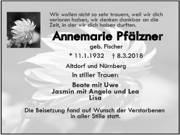Traueranzeige von Annemarie Pfälzner von Der Bote