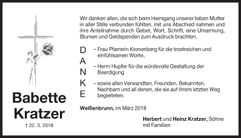 Traueranzeige von Babette Kratzer von Der Bote