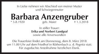 Traueranzeige von Barbara Anzengruber von Pegnitz-Zeitung
