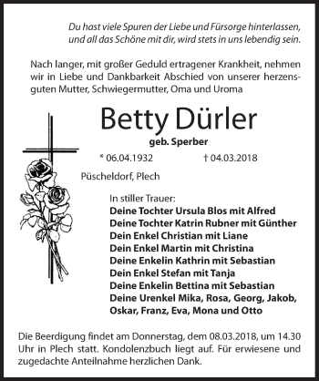 Traueranzeige von Betty Dürler von Hersbrucker Zeitung