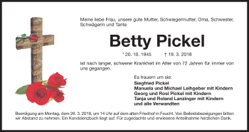 Traueranzeige von Betty Pickel von Der Bote