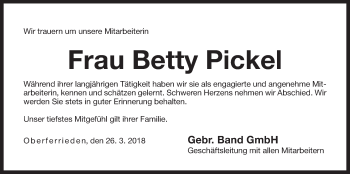 Traueranzeige von Betty Pickel von Der Bote