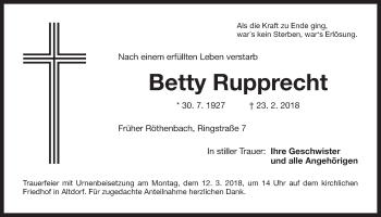 Traueranzeige von Betty Rupprecht von Der Bote