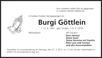 Traueranzeige von Burgi Göttlein von Der Bote