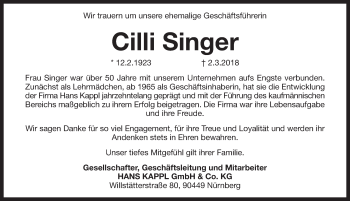Traueranzeige von Cilli Singer von Pegnitz-Zeitung