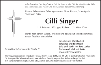 Traueranzeige von Cilli Singer von Pegnitz-Zeitung