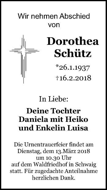 Traueranzeige von Dorothea Schütz von Pegnitz-Zeitung