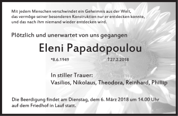 Traueranzeige von Eleni Papadopoulou von Pegnitz-Zeitung