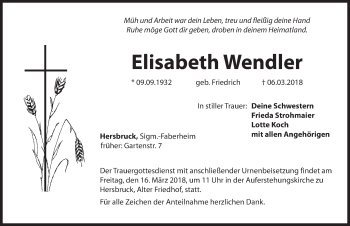Traueranzeige von Elisabeth Wendler von Hersbrucker Zeitung