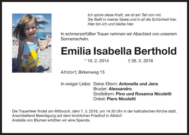  Traueranzeige für Emilia Isabella Berthold vom 05.03.2018 aus Der Bote