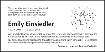 Traueranzeige von Emily Einsiedler von Der Bote