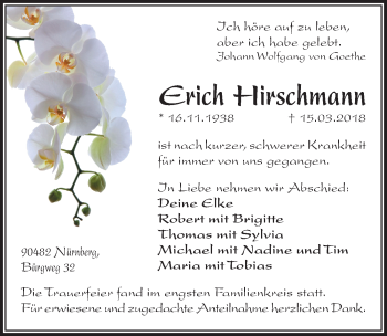 Traueranzeige von Erich Hirschmann von Pegnitz-Zeitung