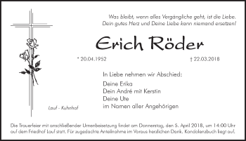 Traueranzeige von Erich Röder von Pegnitz-Zeitung