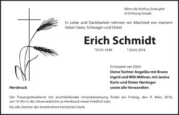 Traueranzeige von Erich Schmidt von Hersbrucker Zeitung