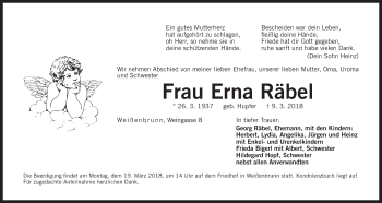 Traueranzeige von Erna Räbel von Der Bote