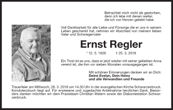 Traueranzeige von Ernst Regler von Der Bote