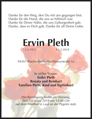 Traueranzeige von Ervin Pleth von Pegnitz-Zeitung