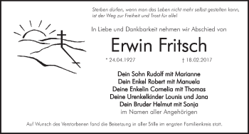 Traueranzeige von Erwin Fritsch von Pegnitz-Zeitung