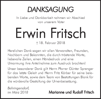 Traueranzeige von Erwin Fritsch von Pegnitz-Zeitung