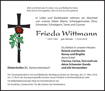 Traueranzeige von Frieda Wittmann von Hersbrucker Zeitung