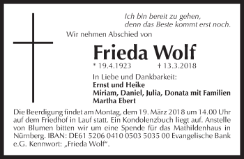 Traueranzeige von Frieda Wolf von Pegnitz-Zeitung