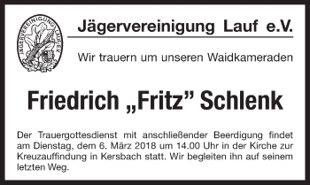 Traueranzeige von Friedrich Schlenk von Pegnitz-Zeitung